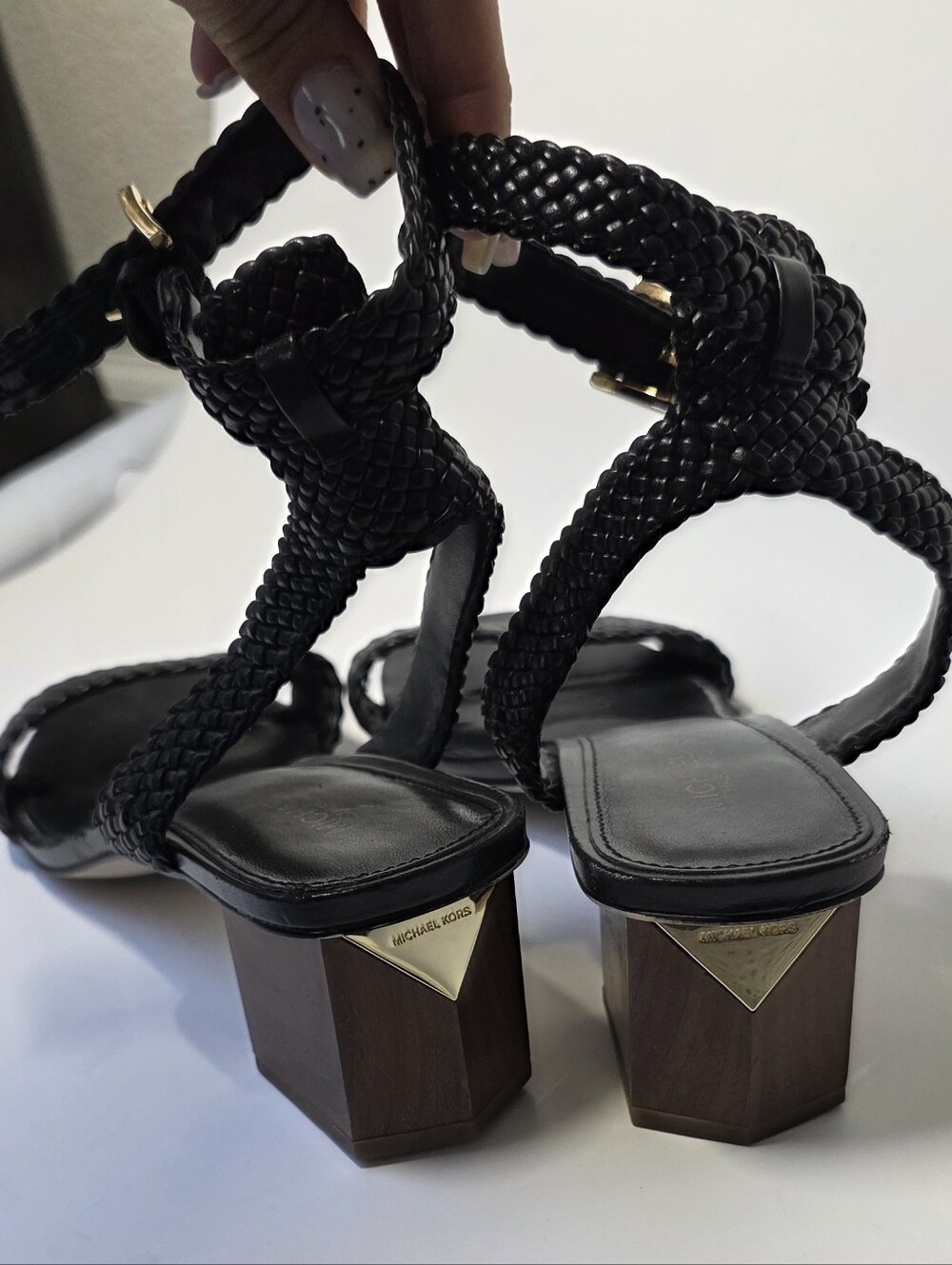 Michael Kors Petra  Black Braided Block Heel Sandals with Gold Accents